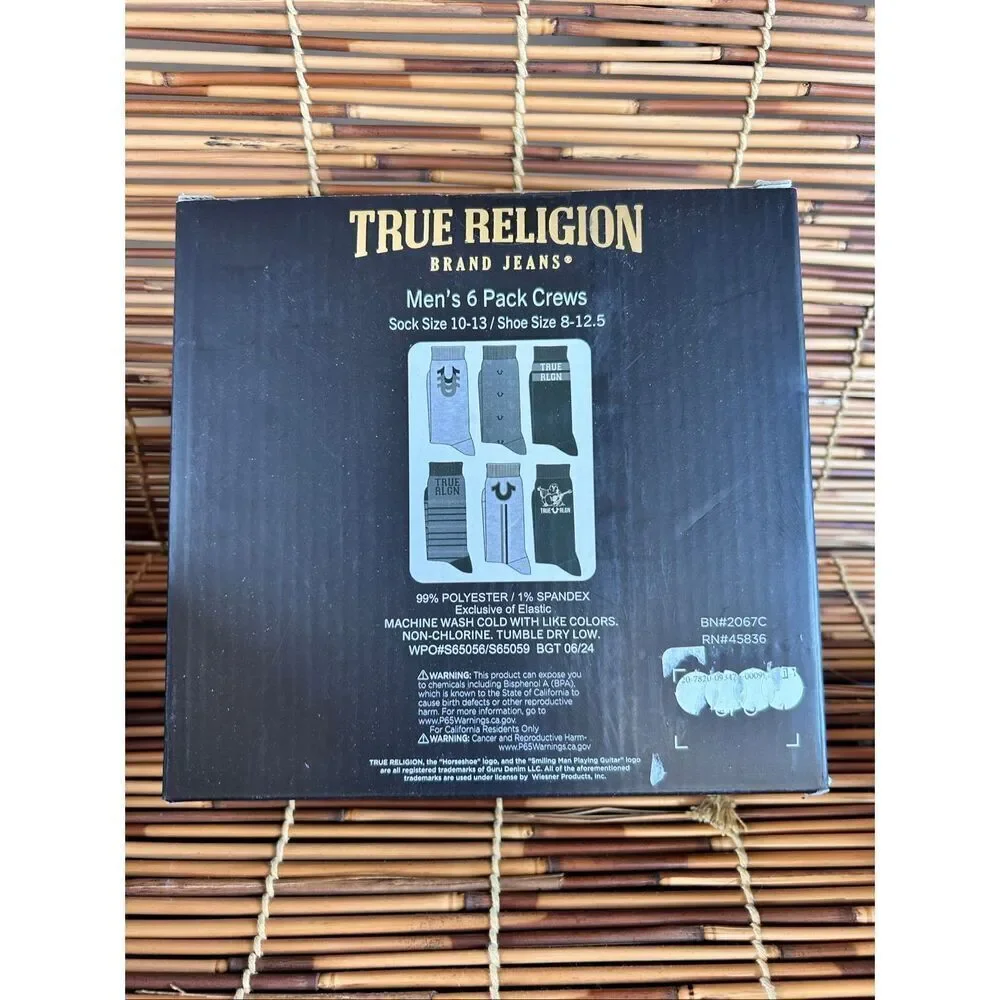 True Religion 6-Pack Men's Crew Socks Set Sock Size 10-13
